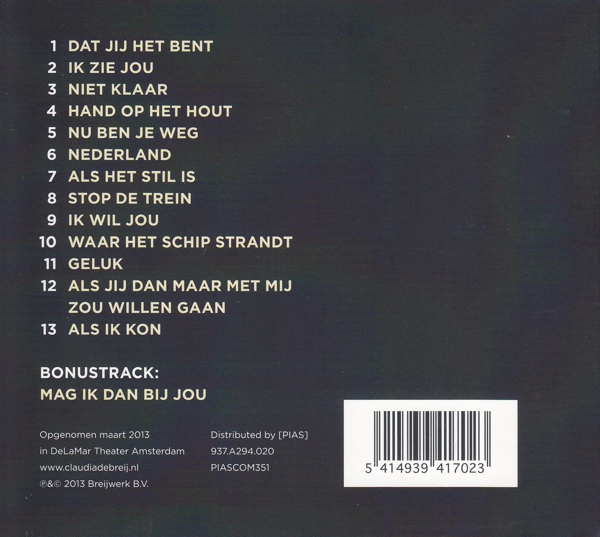 Claudia De Breij  Alleen : Back